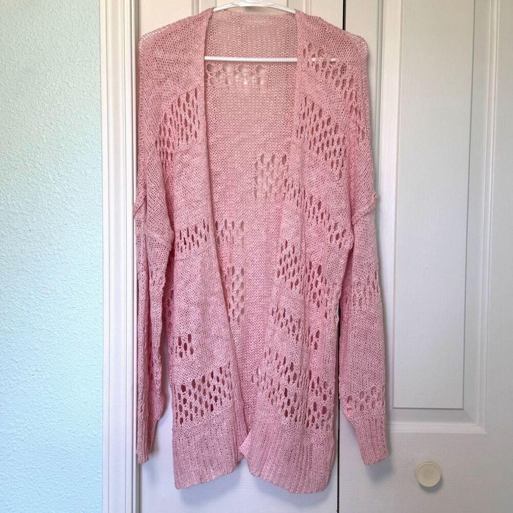 Women Hollow Out Long Sleeve Sweater Cardigan Pink Open Front Size L